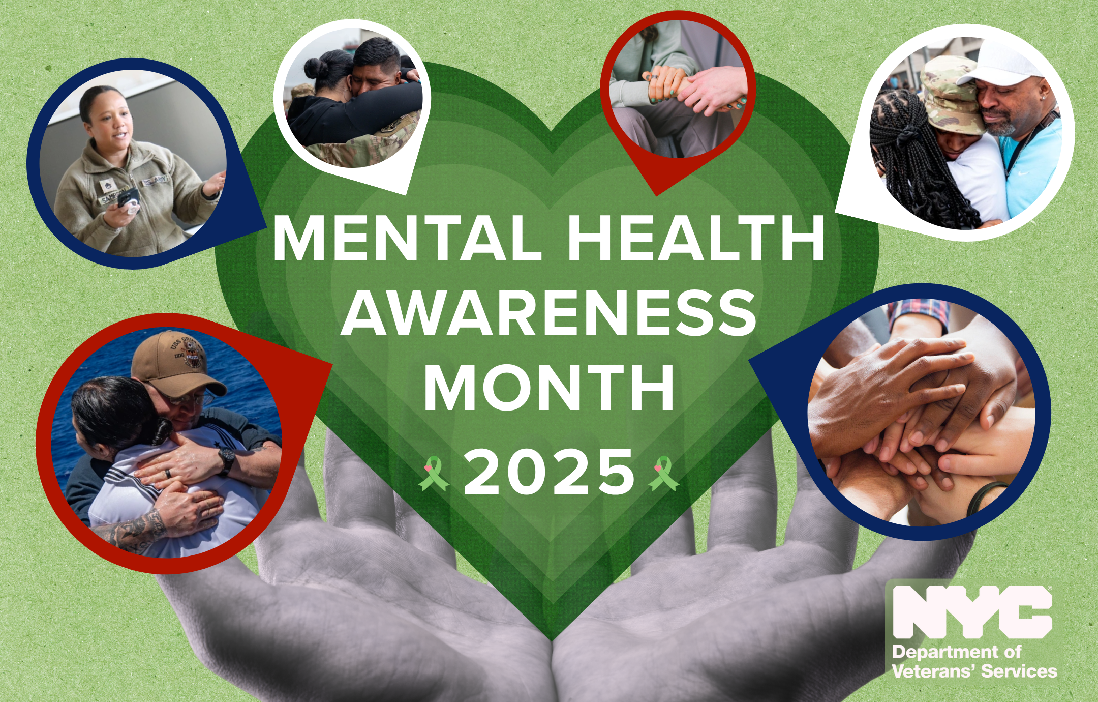 Mental health ribbon sitting in open hands with imagery of soldiers and veterans embracing. 

                                           